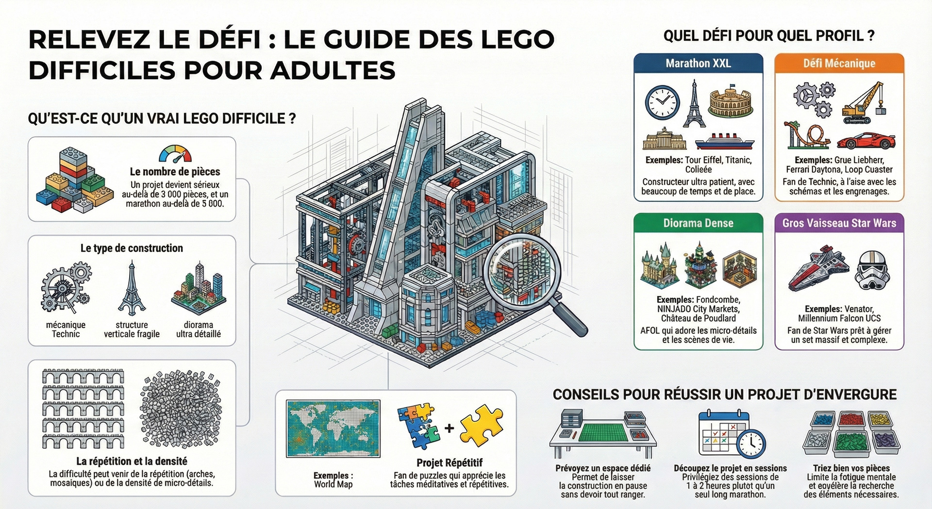 Infographie : choisir ton LEGO difficile selon le type de défi et ton profil de constructeur