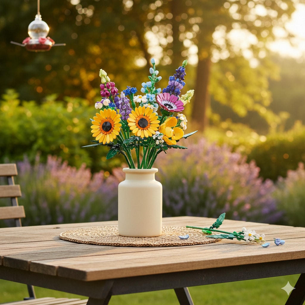 Bouquet de fleurs LEGO dans un vase, décoration intérieure